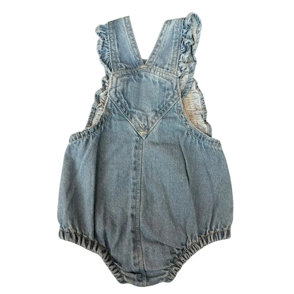 Old Navy Baby Girls Denim Bubble Romper 3-6M Daisy Embroidered Ruffle Overalls